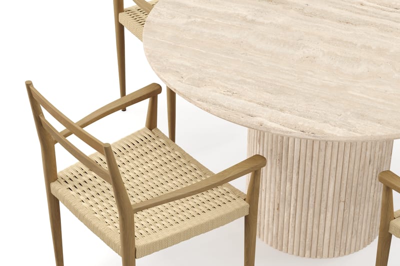 Uppveda Runt Matbord 120cm Travetin utseende med 4 st Jamna Karmstolar - Beige - Möbler - Bord & matgrupper - Matgrupper