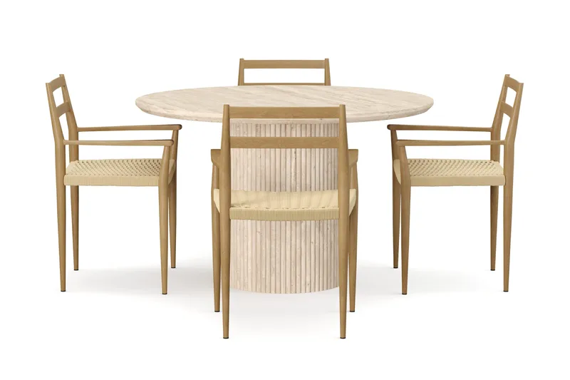 Uppveda Runt Matbord 120cm Travetin utseende med 4 st Jamna Karmstolar - Beige - Möbler - Bord & matgrupper - Matgrupper