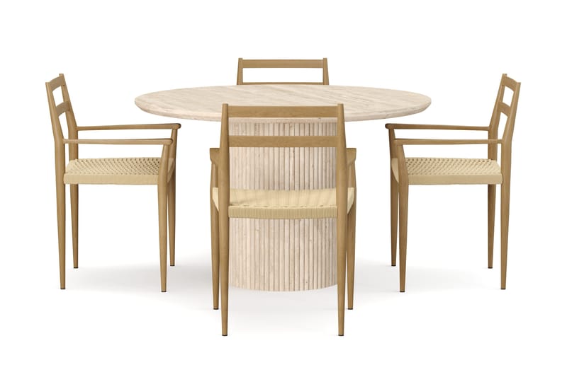 Uppveda Runt Matbord 120cm Travetin utseende med 4 st Jamna Karmstolar - Beige - Möbler - Bord & matgrupper - Matgrupper