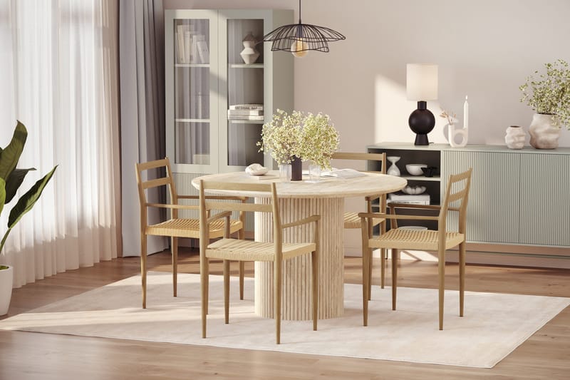 Uppveda Runt Matbord 120cm Travetin utseende med 4 st Jamna Karmstolar - Beige - Möbler - Bord & matgrupper - Matgrupper