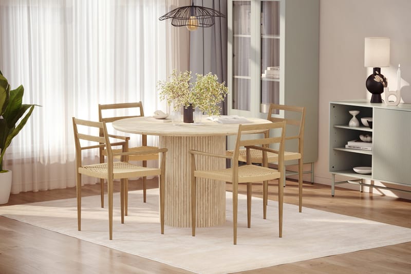 Uppveda Runt Matbord 120cm Travetin utseende med 4 st Jamna Karmstolar - Beige - Möbler - Bord & matgrupper - Matgrupper