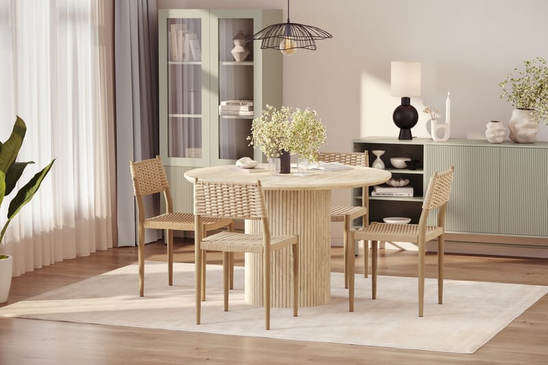 Uppveda Runt Matbord 120cm Travetin utseende med 4 st Jamna Matstolar - Beige - Möbler - Bord & matgrupper - Matgrupper