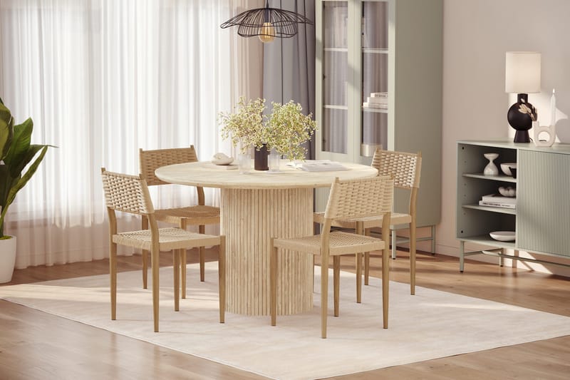 Uppveda Runt Matbord 120cm Travetin utseende med 4 st Jamna Matstolar - Beige - Möbler - Bord & matgrupper - Matgrupper