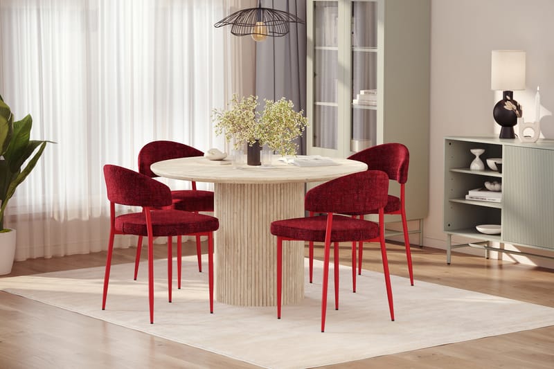 Uppveda Runt Matbord 130cm Travetin utseende med 4 st Jairam Matstolar - Beige - Möbler - Bord & matgrupper - Matgrupper
