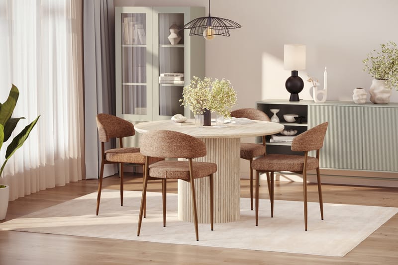Uppveda Runt Matbord 130cm Travetin utseende med 4 st Jairam Matstolar - Beige - Möbler - Bord & matgrupper - Matgrupper