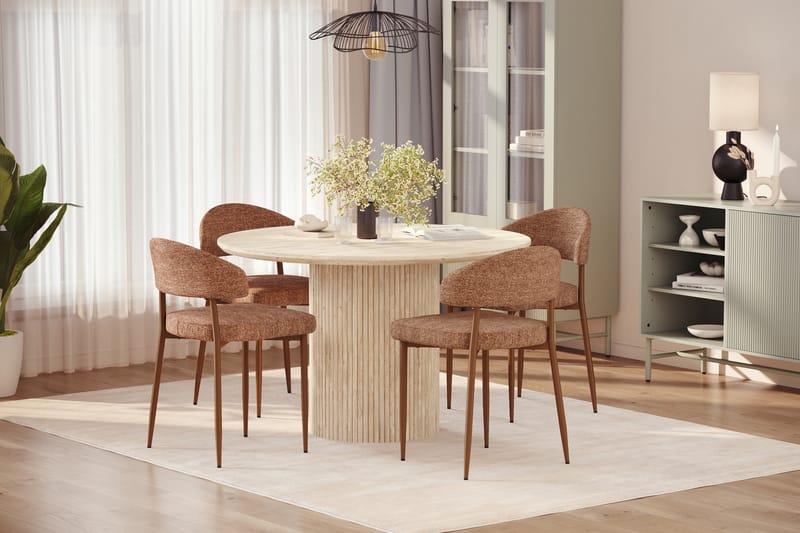 Uppveda Runt Matbord 130cm Travetin utseende med 4 st Jairam Matstolar - Beige - Möbler - Bord & matgrupper - Matgrupper
