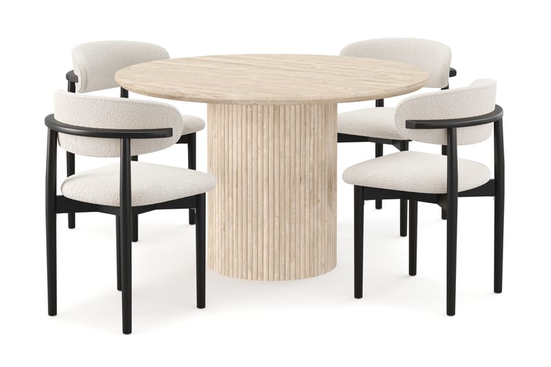Uppveda Runt Matbord 130cm Travetin utseende med 4 st Jaiveer Matstolar - Beige - Möbler - Bord & matgrupper - Matgrupper
