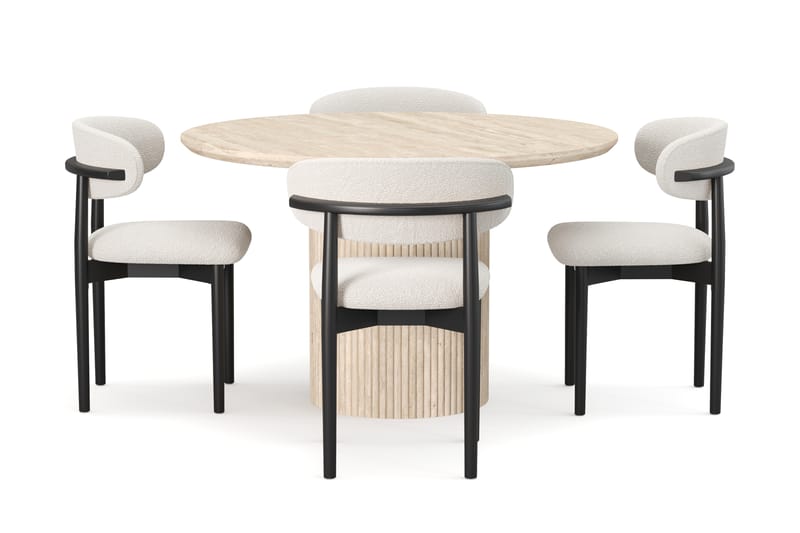Uppveda Runt Matbord 130cm Travetin utseende med 4 st Jaiveer Matstolar - Beige - Möbler - Bord & matgrupper - Matgrupper