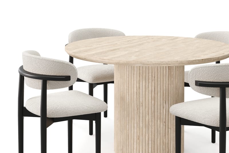 Uppveda Runt Matbord 130cm Travetin utseende med 4 st Jaiveer Matstolar - Beige - Möbler - Bord & matgrupper - Matgrupper