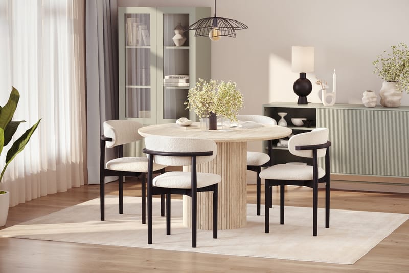 Uppveda Runt Matbord 130cm Travetin utseende med 4 st Jaiveer Matstolar - Beige - Möbler - Bord & matgrupper - Matgrupper