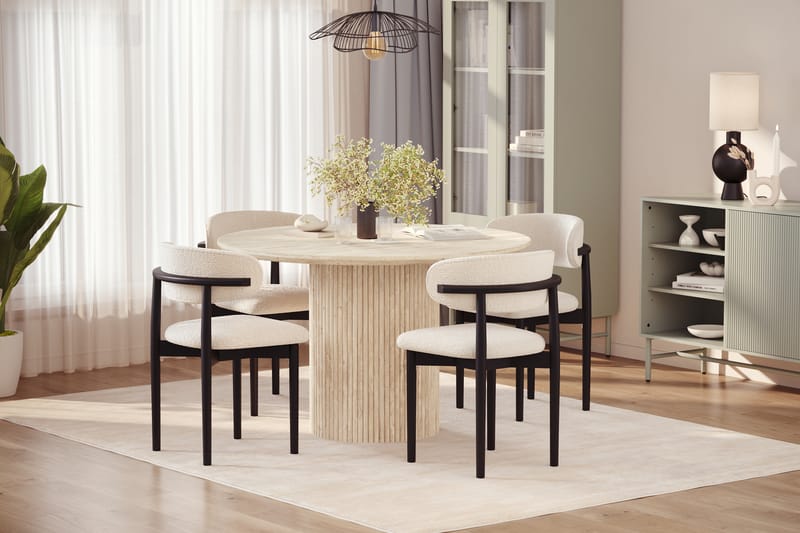 Uppveda Runt Matbord 130cm Travetin utseende med 4 st Jaiveer Matstolar - Beige - Möbler - Bord & matgrupper - Matgrupper