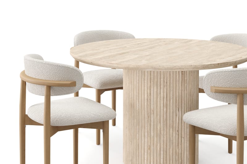 Uppveda Runt Matbord 130cm Travetin utseende med 4 st Jaiveer Matstolar - Beige - Möbler - Bord & matgrupper - Matgrupper