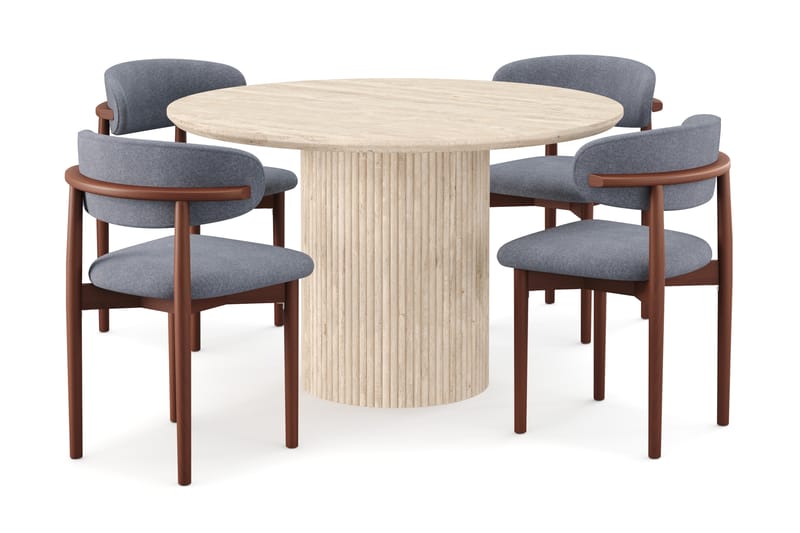 Uppveda Runt Matbord 130cm Travetin utseende med 4 st Jaiveer Matstolar - Beige - Möbler - Bord & matgrupper - Matgrupper
