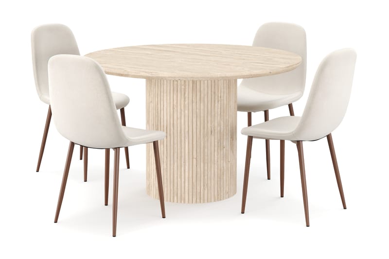 Uppveda Runt Matbord 130cm Travetin utseende med 4 st Nibe Matstolar - Beige - Möbler - Bord & matgrupper - Matgrupper