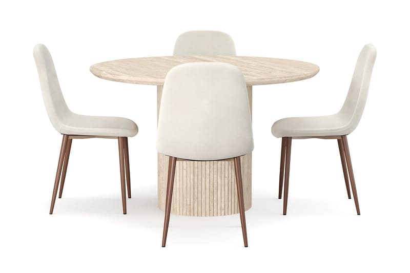 Uppveda Runt Matbord 130cm Travetin utseende med 4 st Nibe Matstolar - Beige - Möbler - Bord & matgrupper - Matgrupper