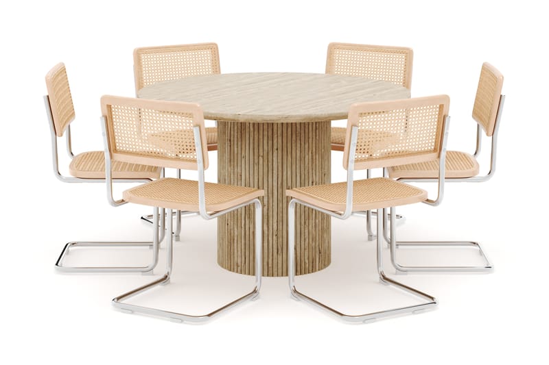 Uppveda Runt Matbord 130cm Travetin utseende med 6 st Build Matstolar - Beige - Möbler - Bord & matgrupper - Matgrupper