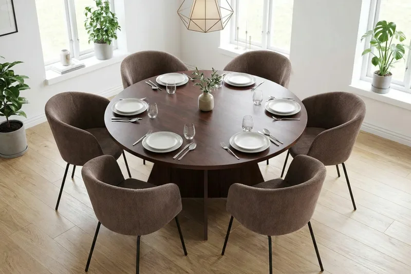 Vera Matgrupp runt 130 cm Valnöt med 6 Berit Matstolar - Valnöt - Möbler - Bord & matgrupper - Matgrupper