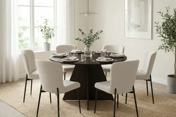 Vera Rund Matgrupp 130 cm – Matbord med 6 Elsie Matstolar med Trä- och Rökt Ek-utseende - Mörkbrun|Vit - Möbler - Bord & matgrupper - Matgrupper