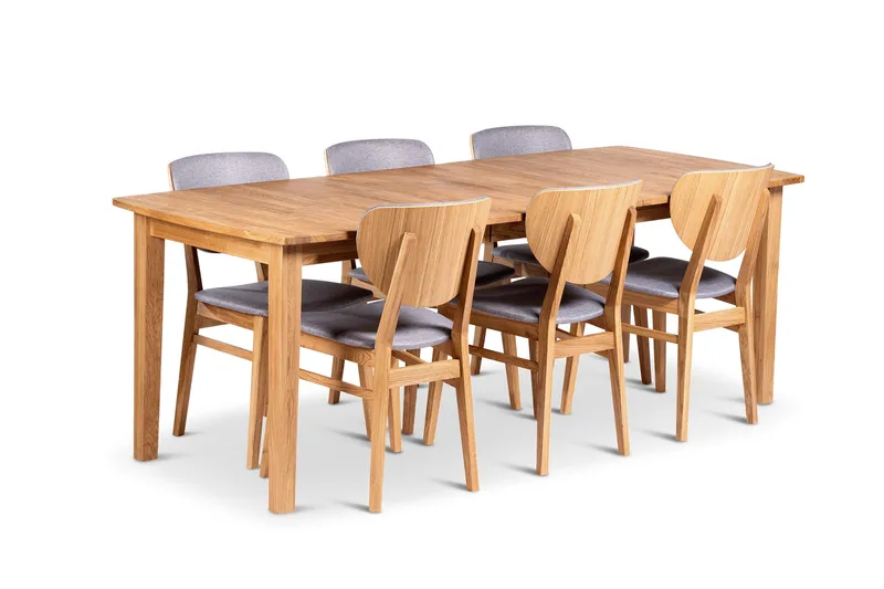 Visby Förlängningsbar Matgrupp 160-210 cm Ovalt med 6 Borgholm Stolar i massivt trä, Natur