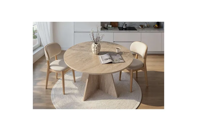 Zalen Runt Matbord 120 cm med Valnöts- och Travertinutseende - Beige - Möbler - Bord & matgrupper - Matbord & köksbord