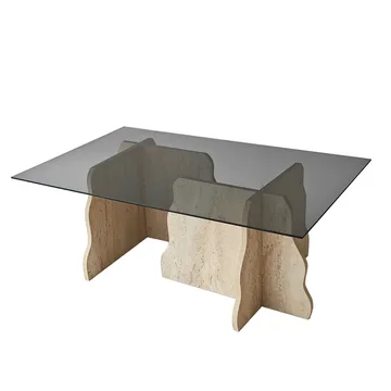 Zevric Soffbord 65x105 cm Rektangulär Glas - Travertin Och Rökt - Möbler - Bord & matgrupper - Soffbord