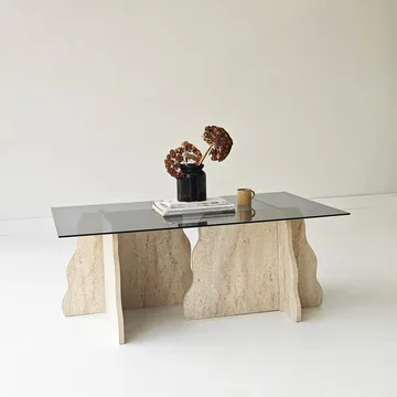 Zevric Soffbord 65x105 cm Rektangulär Glas - Travertin Och Rökt - Möbler - Bord & matgrupper - Soffbord