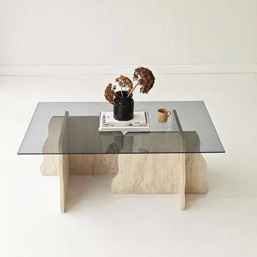 Zevric Soffbord 65x105 cm Rektangulär Glas - Travertin Och Rökt - Möbler - Bord & matgrupper - Soffbord