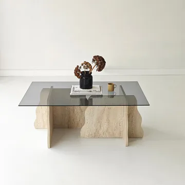 Zevric Soffbord 65x105 cm Rektangulär Glas - Travertin Och Rökt - Möbler - Bord & matgrupper - Soffbord