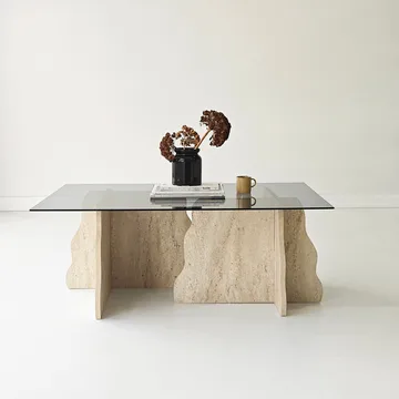 Zevric Soffbord 65x105 cm Rektangulär Glas - Travertin Och Rökt - Möbler - Bord & matgrupper - Soffbord