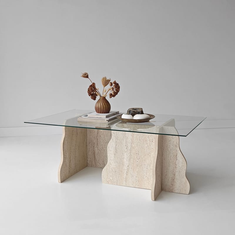Zevric Soffbord 65x105 cm Rektangulär Glas - Travertin Och Transparent - Möbler - Bord & matgrupper - Soffbord