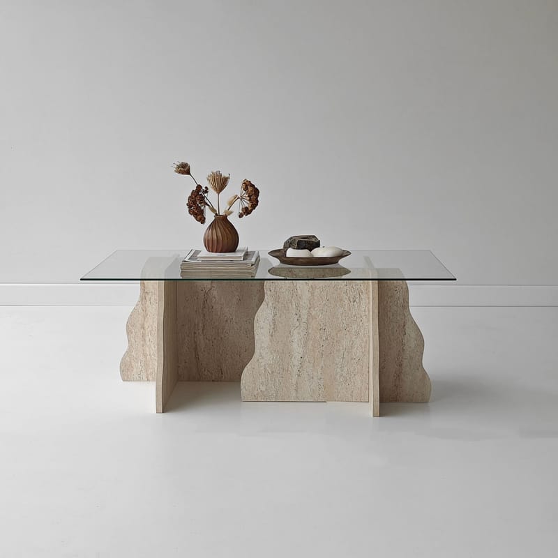 Zevric Soffbord 65x105 cm Rektangulär Glas - Travertin Och Transparent - Möbler - Bord & matgrupper - Soffbord