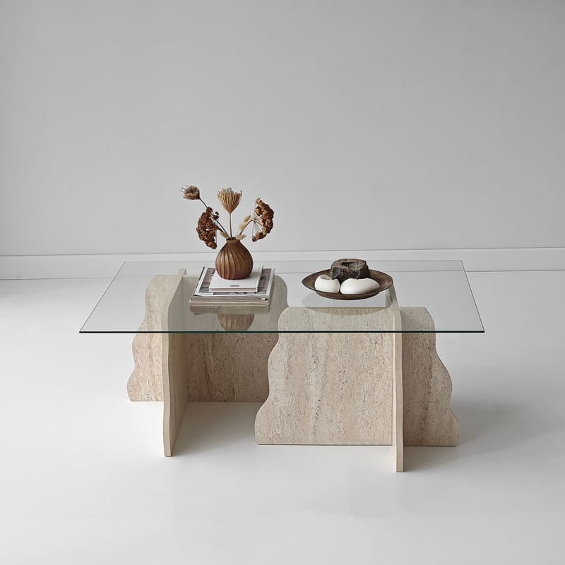 Zevric Soffbord 65x105 cm Rektangulär Glas - Travertin Och Transparent - Möbler - Bord & matgrupper - Soffbord
