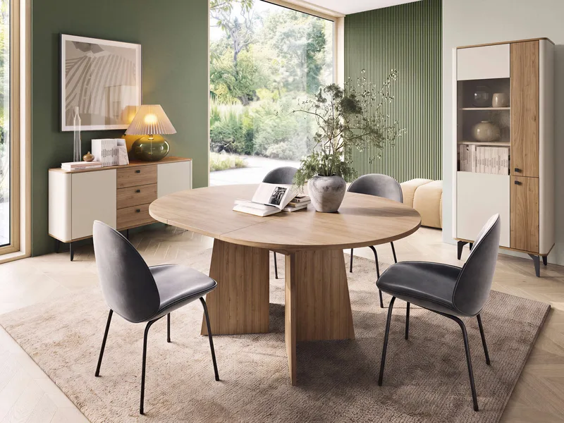 Zeyrin Möbelset vardagsrum - Skänk + Vitrinskåp + Matbord 120 cm - Brun|beige - Möbler - Möbelset - Möbelset för vardagsrum