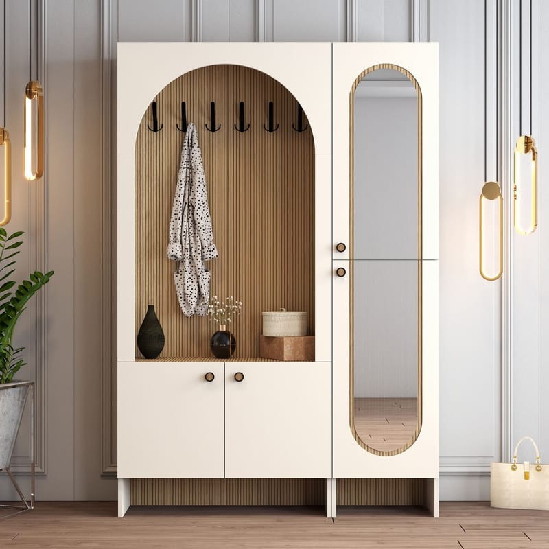 Ayleid Hallmöbel med spegel 200 cm - Kräm / Ek - Möbler - Hallmöbler - Möbelset för hall & entre