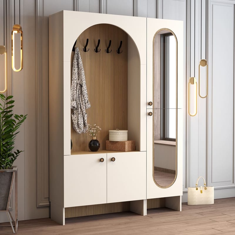 Ayleid Hallmöbel med spegel 200 cm - Kräm / Ek - Möbler - Hallmöbler - Möbelset för hall & entre