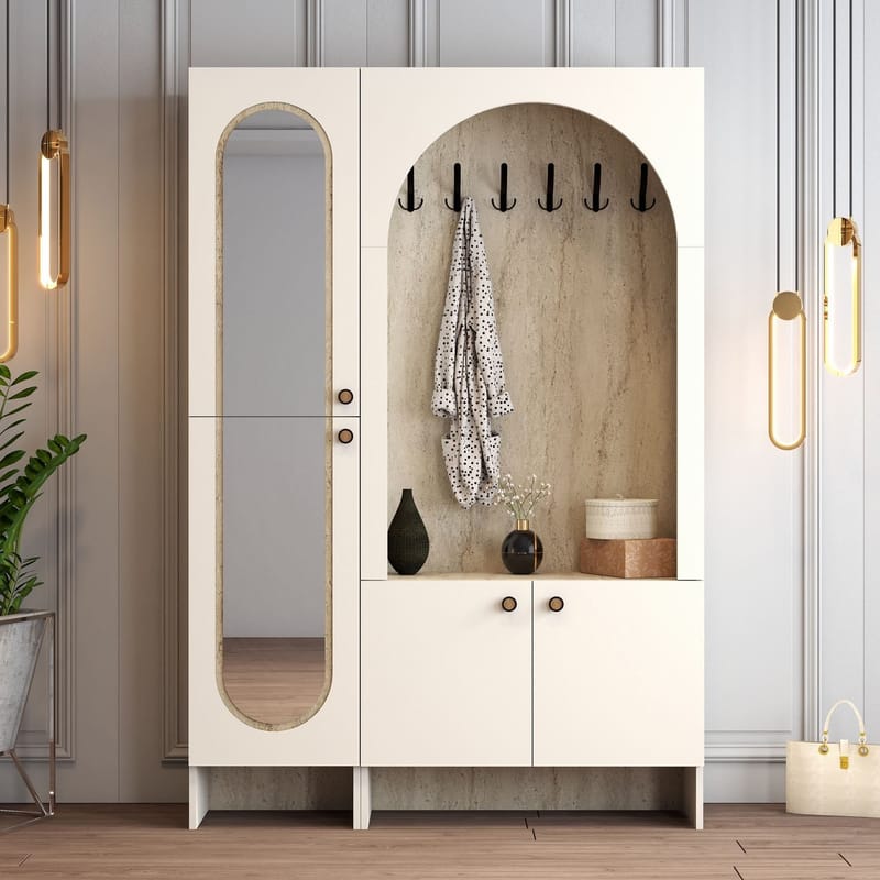 Ayleid Hallmöbel med spegel 200 cm - Kräm / Travertin - Möbler - Hallmöbler - Möbelset för hall & entre