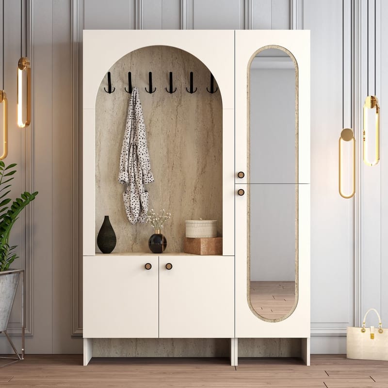 Ayleid Hallmöbel med spegel 200 cm - Kräm / Travertin - Möbler - Hallmöbler - Möbelset för hall & entre