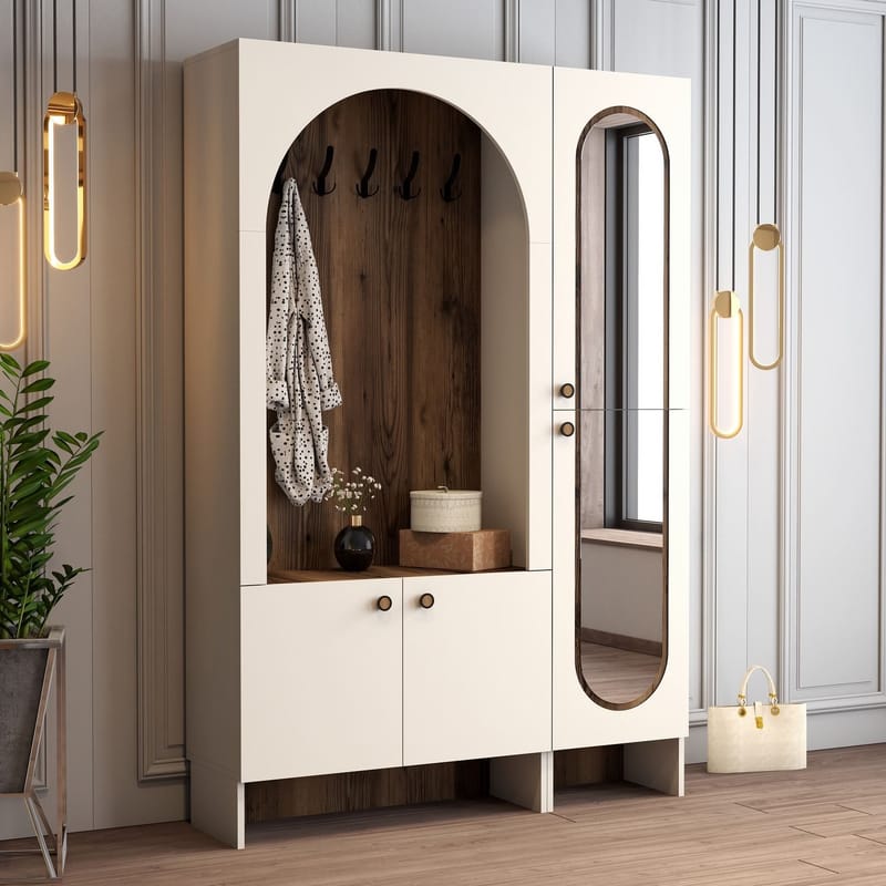 Ayleid Hallmöbel med spegel 200 cm - Kräm / Valnöt - Möbler - Hallmöbler - Möbelset för hall & entre