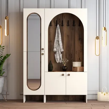 Ayleid Hallmöbel med spegel 200 cm - Kräm / Valnöt - Möbler - Hallmöbler - Möbelset för hall & entre