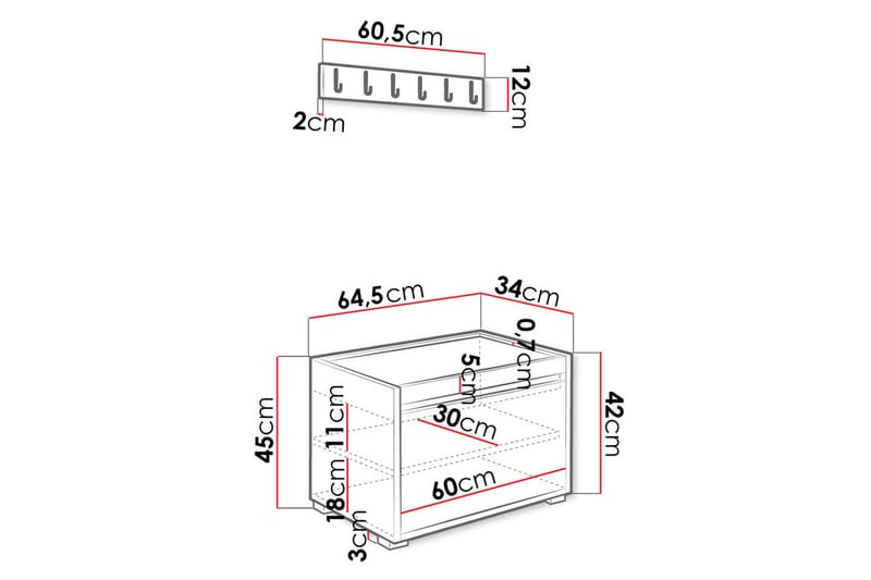 Grawis Sittbänk med 6-pack Väggdekoration 60x30 cm - Vit - Möbelset för hall & entre - Hallförvaring