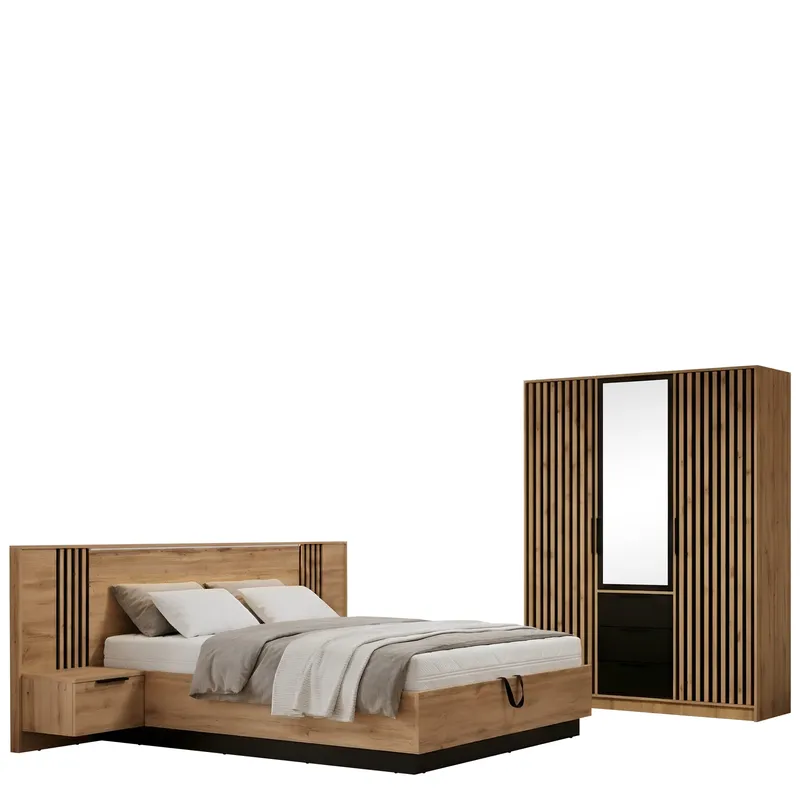 Chavez Möbelset Sovrum - Sängram 160x200 cm med sängbord + Garderob 150x200 cm, brun och svart