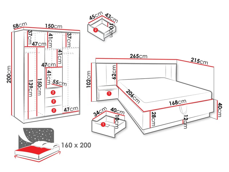 Chavez Möbelset Sovrum - Sängram 160x200 cm med sängbord + Garderob 150x200 cm - brun och svart - Möbler - Möbelset - Möbelset för sovrum