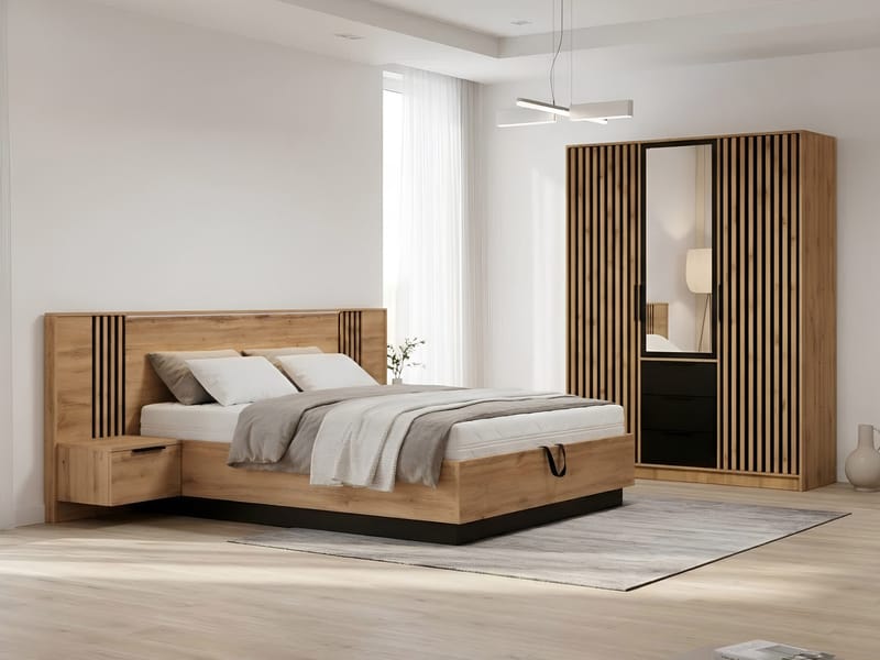 Chavez Möbelset Sovrum - Sängram 160x200 cm med sängbord + Garderob 150x200 cm - brun och svart - Möbler - Möbelset - Möbelset för sovrum