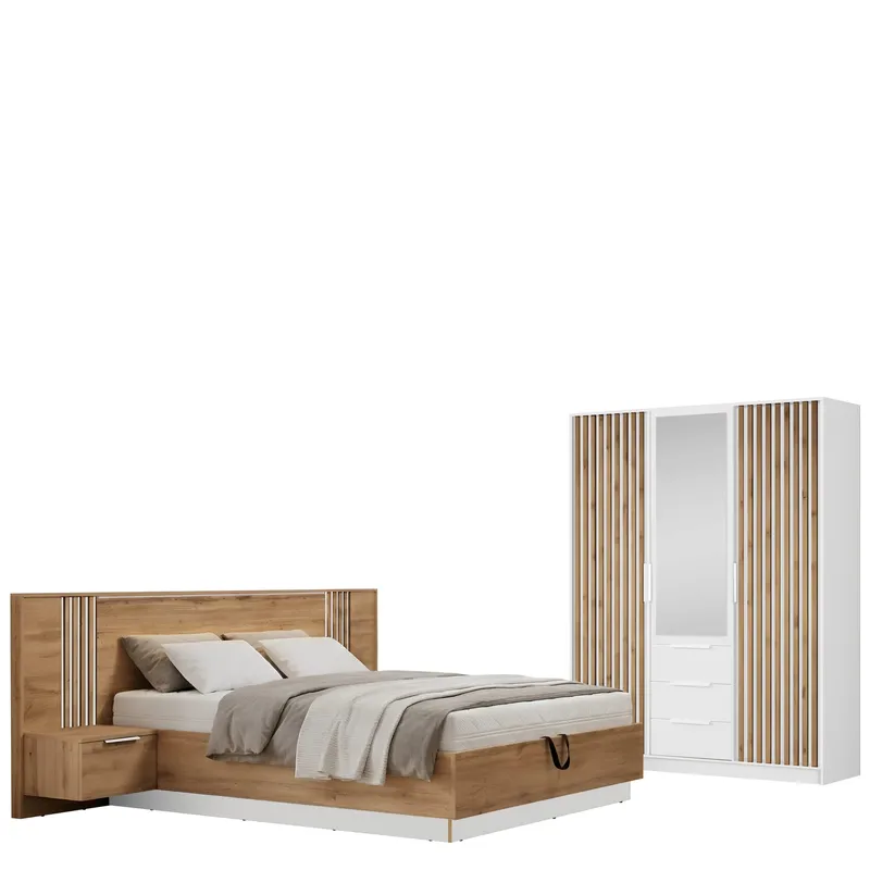 Chavez Möbelset Sovrum - Sängram 160x200 cm med sängbord + Garderob 150x200 cm, brun och vit