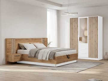 Chavez Möbelset Sovrum - Sängram 160x200 cm med sängbord + Garderob 150x200 cm - brun och vit - Möbler - Möbelset - Möbelset för sovrum