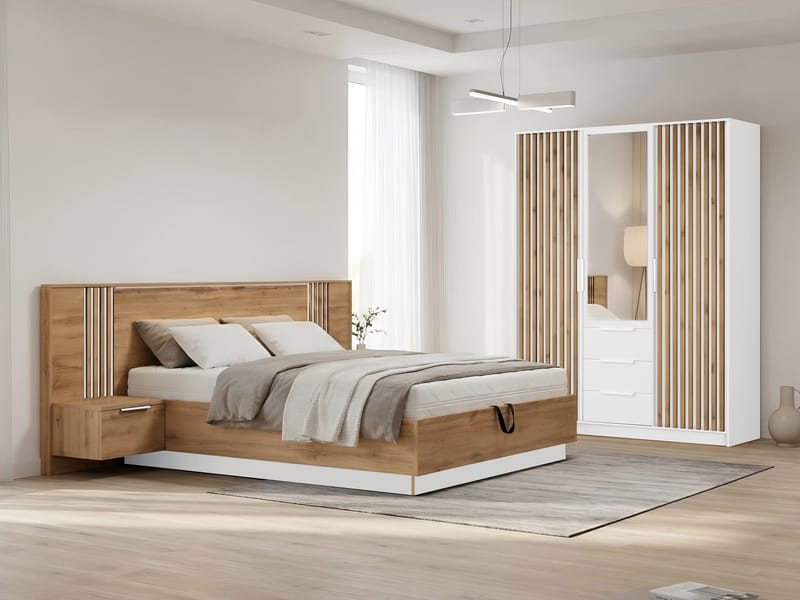 Chavez Möbelset Sovrum - Sängram 160x200 cm med sängbord + Garderob 150x200 cm - brun och vit - Möbler - Möbelset - Möbelset för sovrum