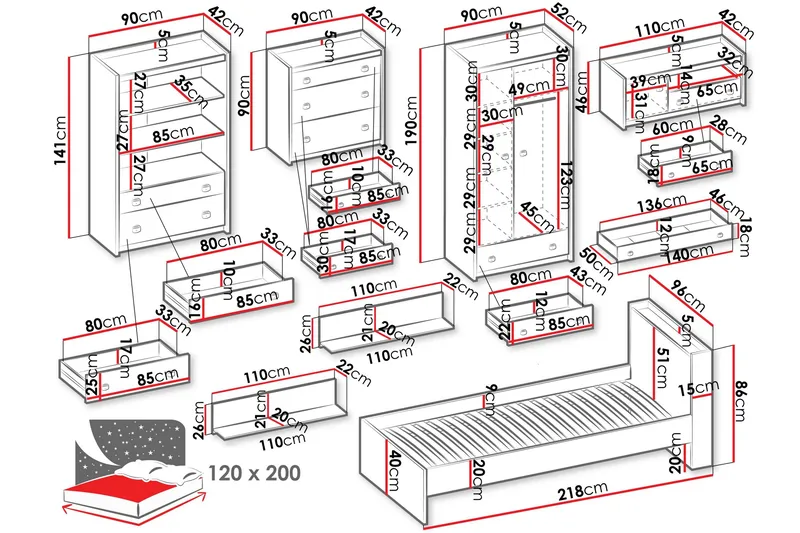 Evorana Möbelset För Sovrum - Brun/Mörkgrå - Möbler - Möbelset - Möbelset för sovrum