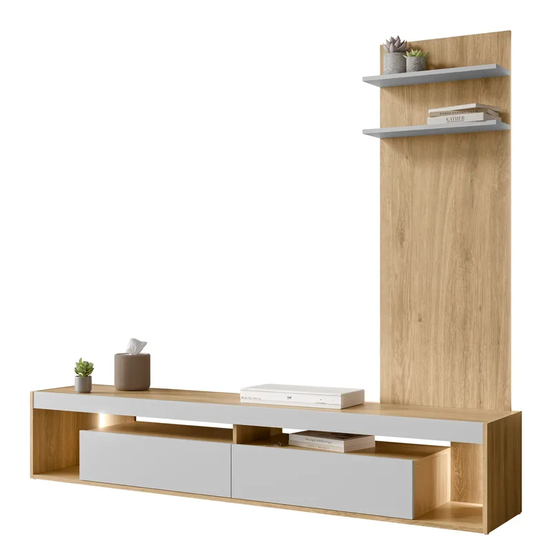 Fiorea Möbelset - Tv-bänk 200 cm + Vägghylla 138 cm, brun och grå