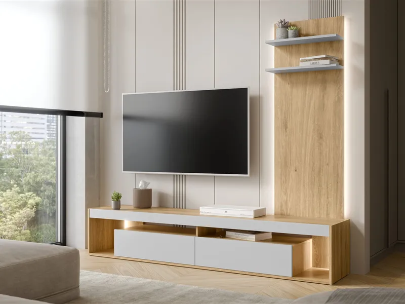 Fiorea Möbelset - Tv-bänk 200 cm + Vägghylla 138 cm - brun och grå - Möbler - Möbelset - Möbelset för vardagsrum