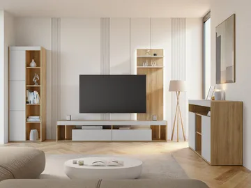 Fiorea Möbelset - Tv-bänk 200 cm + Vägghylla 138 cm +  Skänk 151 cm + Vitrinskåp 60 cm - brun och grå - Möbler - Möbelset - Möbelset för vardagsrum